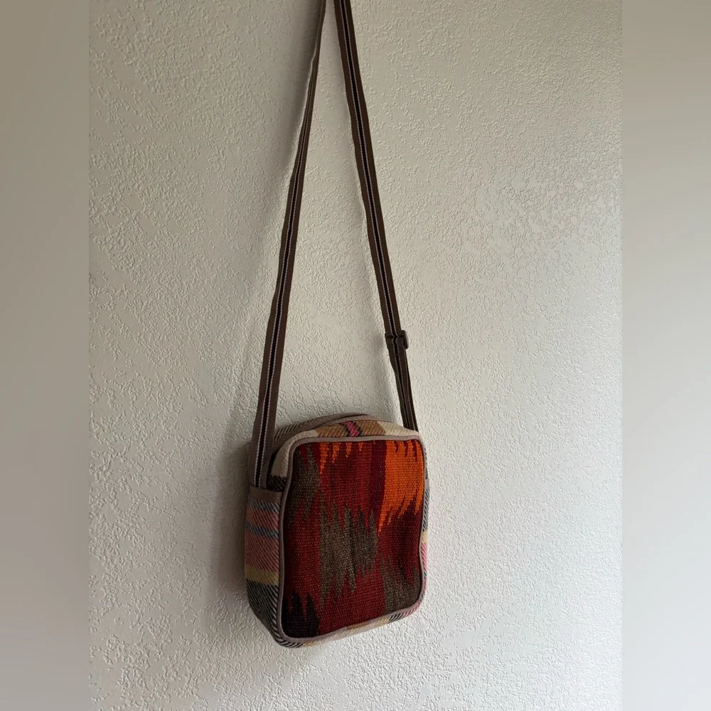 Unique Turkish Kilim Cross-Body Bag Colorful Geometric Pattern & Evil Eye Bead